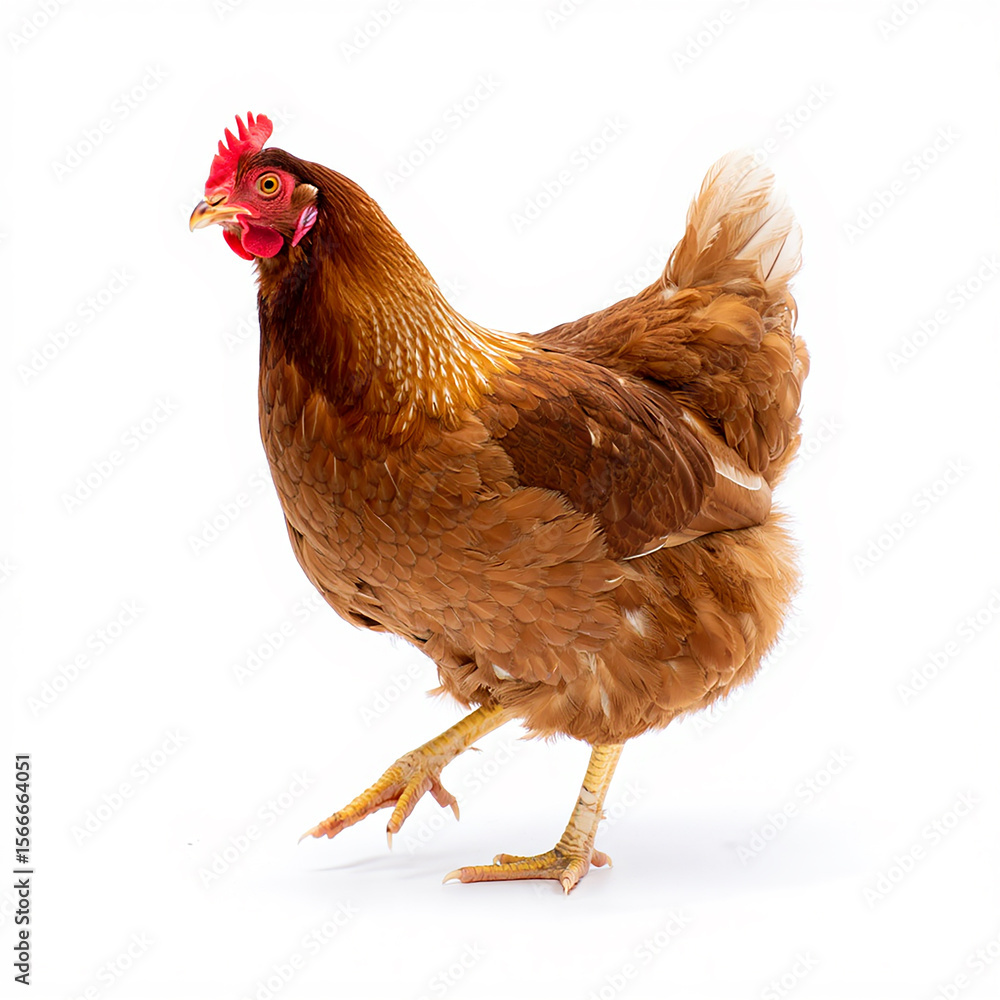 Fototapeta premium Brown hen with red comb walking on a white background