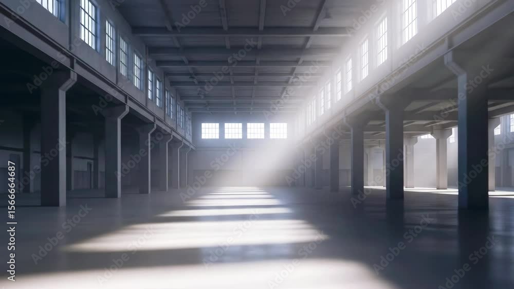 Spacious, sunlit industrial warehouse interior with beams of light illuminating the floor Spacious, sunlit industrial warehouse interior with beams of light illuminating the floor