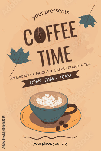 Cup of latte. Retro style poster with lettering for coffee shop. vector image of brewed coffee in a cup