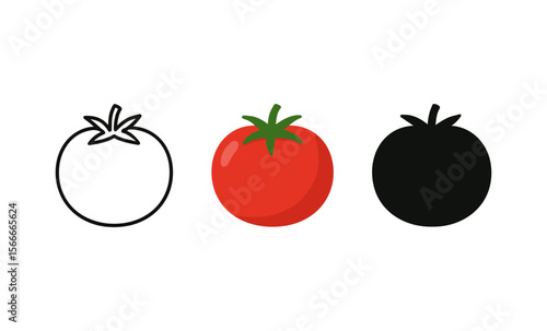 Minimalistic tomato icon set with outline, full color, and silhouette versions
