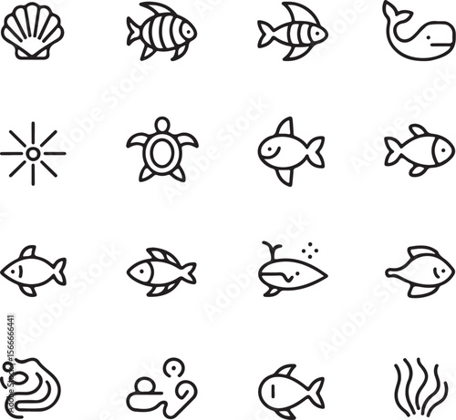 Various marine life icons arranged in a grid pattern on white background