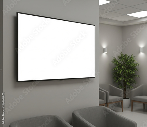 Tv Mockup In A Medical Waiting Room, Plants And Chairs In Background