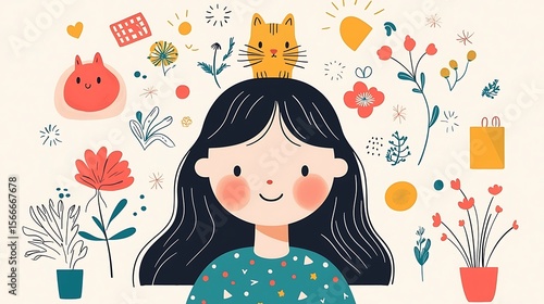 Wallpaper Mural Playful Illustration of Girl with Cat Surrounded by Colorful Elements, Whimsical illustration featuring a girl with a cat on her head, surrounded by vibrant flowers and playful doodles, fun and joy Torontodigital.ca