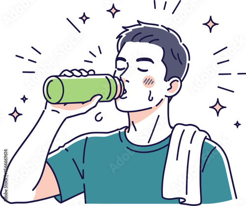 Illustration of man drinking water after workout fitness and hydration theme