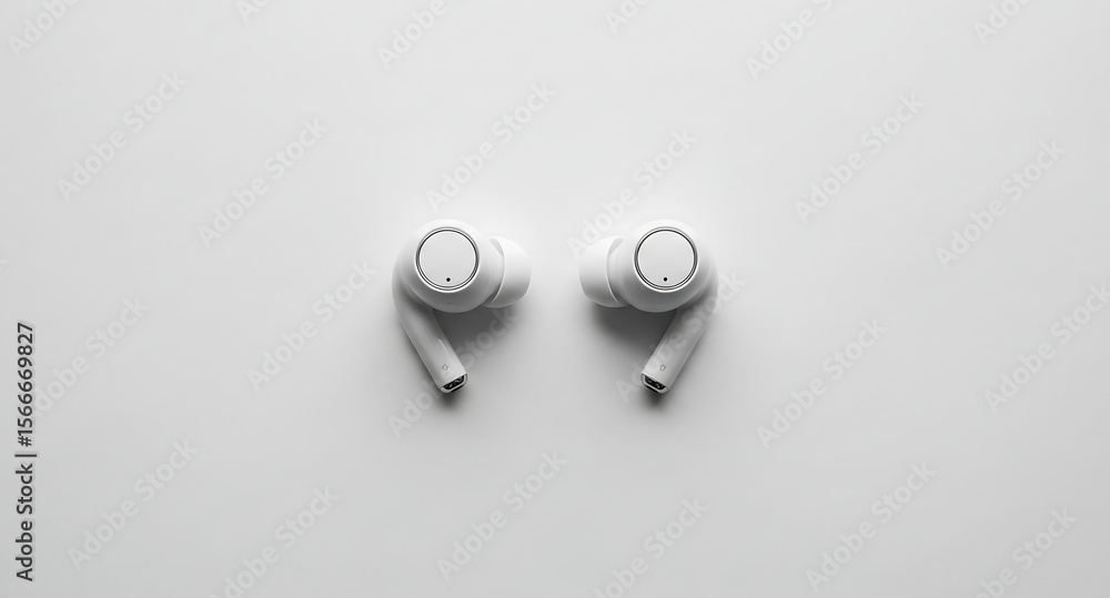Fototapeta premium Two white wireless earbuds with a sleek minimalist design symmetrically arranged.