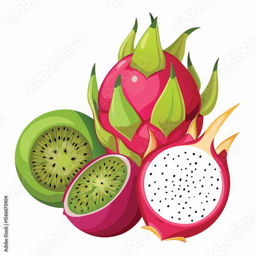Realistic Illustration of Dragon Fruit and Kiwi