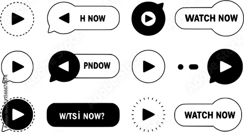 Set of Watch now buttons. Play video buttons in flat style. Watch video. Play now. Web media. Online translation. Set of vector modern trendy flat buttons for website. UI element. Vector illustration