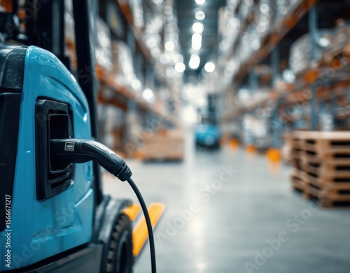 Wallpaper Mural Electric forklift charging in a bustling warehouse, showcasing sustainable logistics and modern industrial technology. Torontodigital.ca