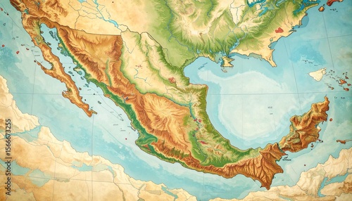A colorful, illustrated map of North America, showing Mexico and adjacent areas.