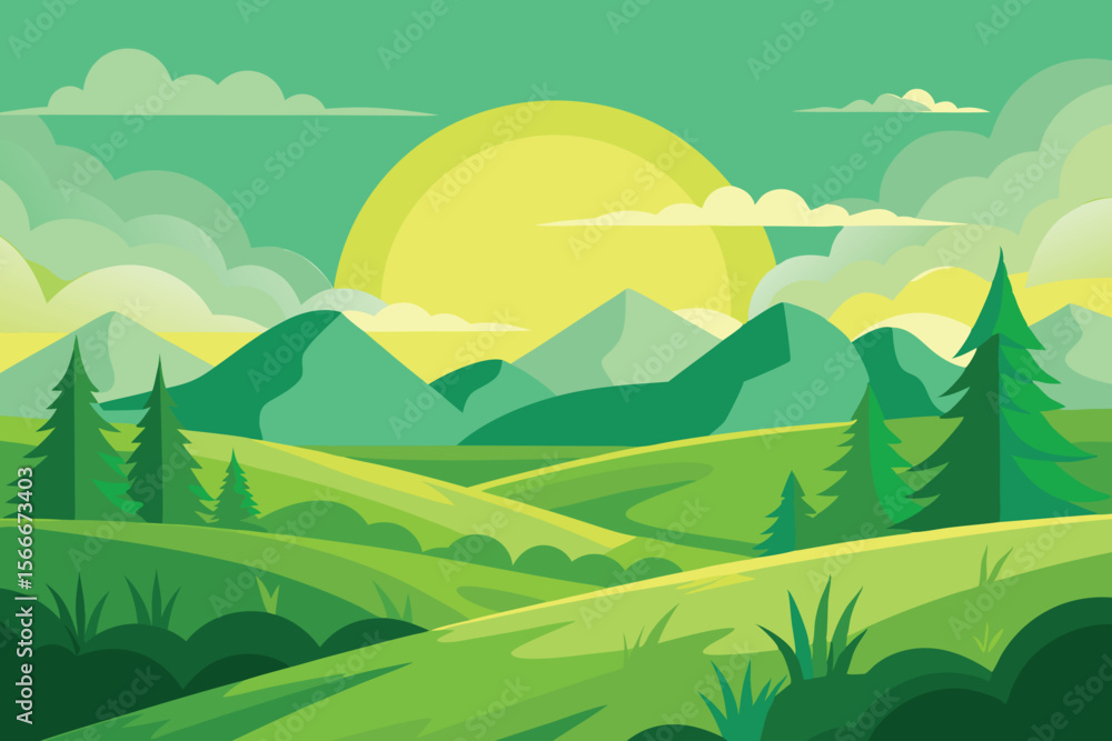 Obraz premium Green morning sunset landscape vector illustration