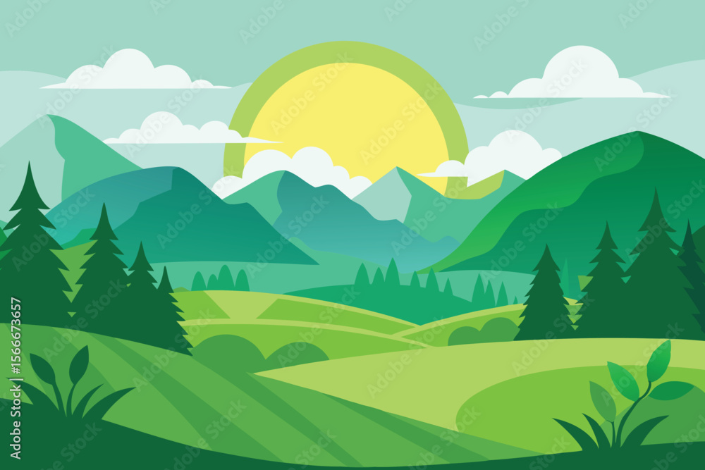 Fototapeta premium Green morning sunset landscape vector illustration