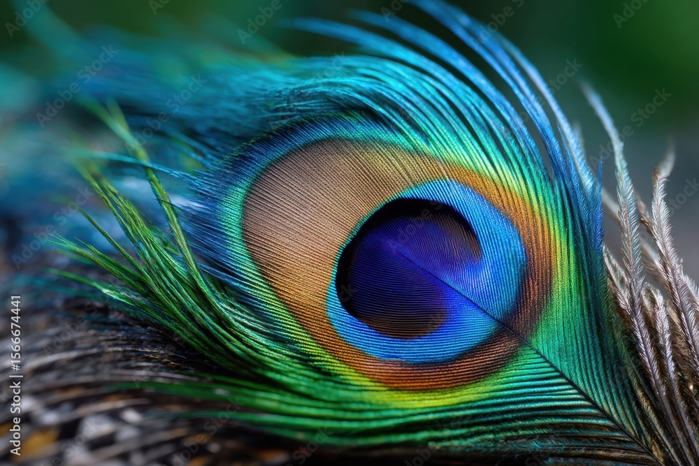 Fototapeta premium Peacock feather showcasing vibrant colors and intricate patterns in natural setting