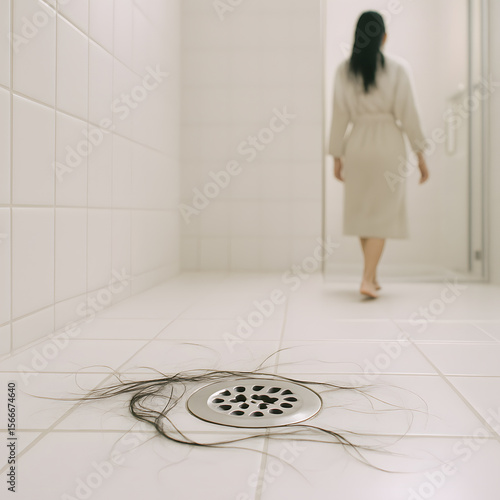 Woman walking away from hair in the shower drain