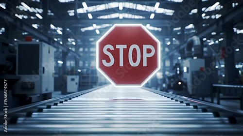 Stop Sign on Conveyor Belt In Brightly Lit Modern Factory Interior with Automated Machinery and Industrial Equipment