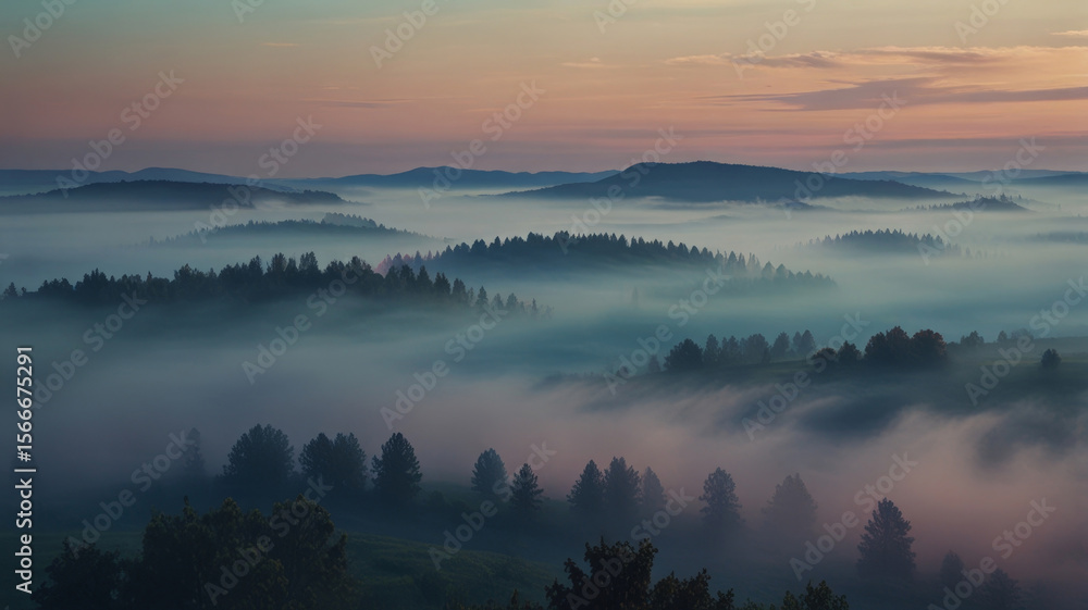Obraz premium A photorealistic view of a misty valley at dawn, with forests and individual trees shrouded in fog. The soft blue and pink tones create a tranquil predawn atmosphere with reduced visibility.