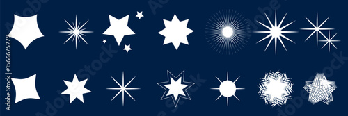 Set of blinking stars, sparks and sparkles. Shining twinkle sunburst shapes collection. Magic light flare pack for design template, poster, banner, brochure, leaflet. Vector glint glitter illustration