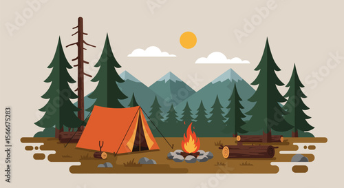 Camping Scene in a Mountain Forest