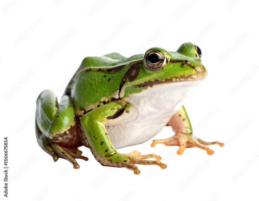 Naklejka premium A captivating green frog with intricate skin patterns and prominent eyes observes its surroundings.