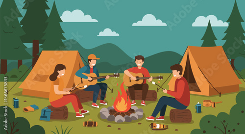 Friends Camping and Playing Guitars Around a Campfire