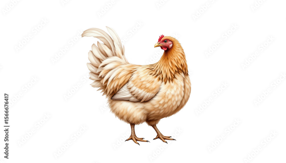 Fototapeta premium Magnificent white chicken portrait, showcasing a vibrant red beak and pristine plumage