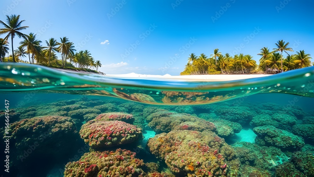 Fototapeta premium Tropical Island with Coral Reef Split View – Exotic Travel Destination and Underwater Marine Ecosystem