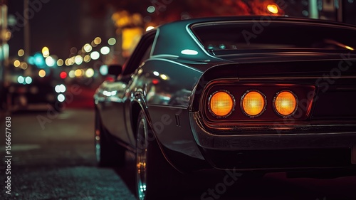 Wallpaper Mural Rear view of a classic black car with glowing taillights parked under city lights at night, capturing urban energy and vintage automotive style Torontodigital.ca
