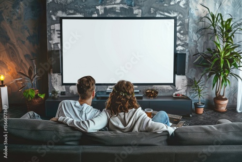 High Resolution Picture of Man and Woman on the Couch Watching Tv Flower Potted
