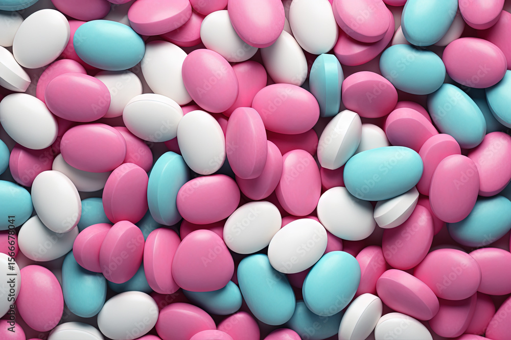 Colorful pink, blue, and white capsules and pills scattered on dark background Colorful pink, blue, and white capsules and pills scattered on dark background