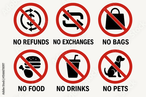 6 retail prohibition signs. Red circle with black icons on white.