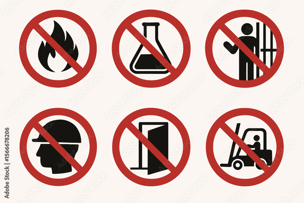 6 industrial safety prohibition signs. Classic red circle with black pictograms. 6 industrial safety prohibition signs. Classic red circle with black pictograms.