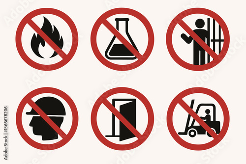 6 industrial safety prohibition signs. Classic red circle with black pictograms.