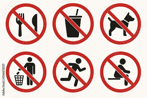 6 prohibition icons for workplaces. Red circle with black pictograms on white.