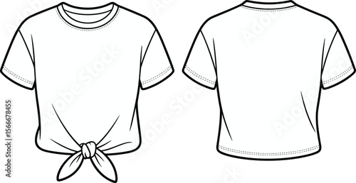 Knotted crop top sketch, women’s fashion flat, t-shirt technical drawing, front and back view, tie front tee, fashion illustration, clothing outline