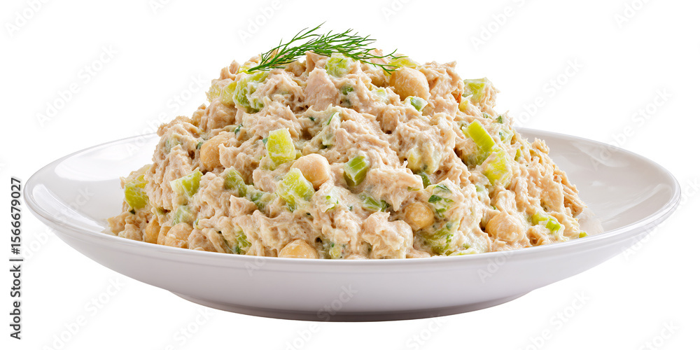 Creamy tuna salad with chickpeas and celery on a white plate, garnished with dill Healthy and delicious lunch or dinner concept Creamy tuna salad with chickpeas and celery on a white plate, garnished with dill Healthy and delicious lunch or dinner concept