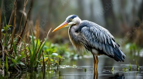Great blue heron standing by the water with its long neck and feathers visible in a natural wildlife setting 4k video footage