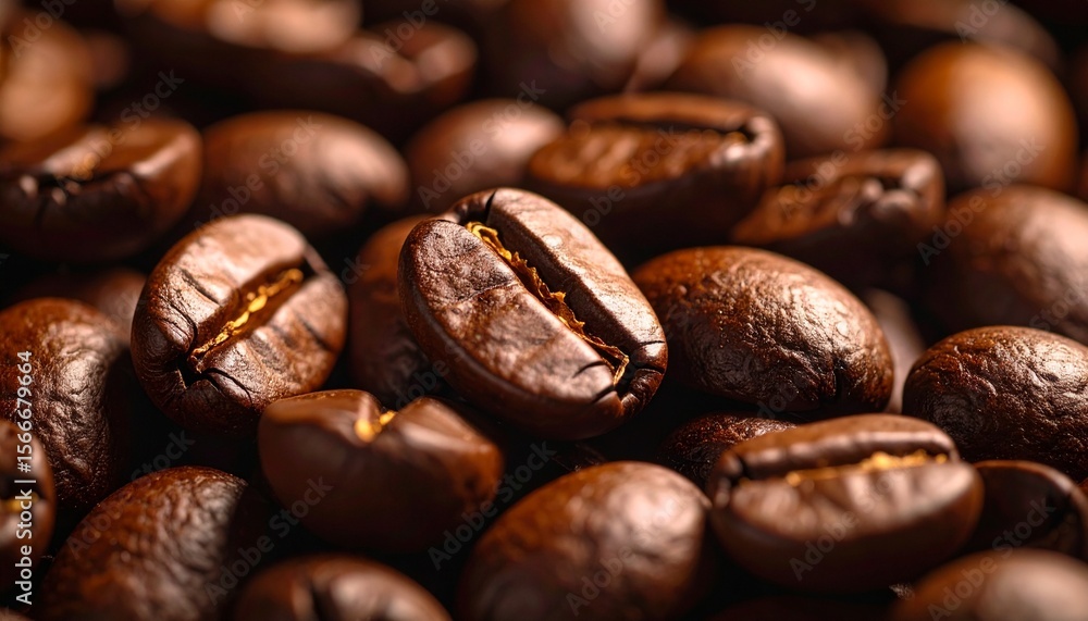 Primer plano de granos de café tostado oscuro y brillante que muestran una textura unica. Primer plano de granos de café tostado oscuro y brillante que muestran una textura unica.