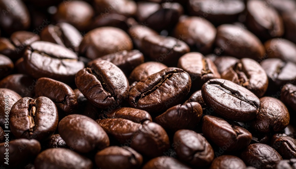 Primer plano de granos de café tostado oscuro y brillante que muestran una textura unica. Primer plano de granos de café tostado oscuro y brillante que muestran una textura unica.