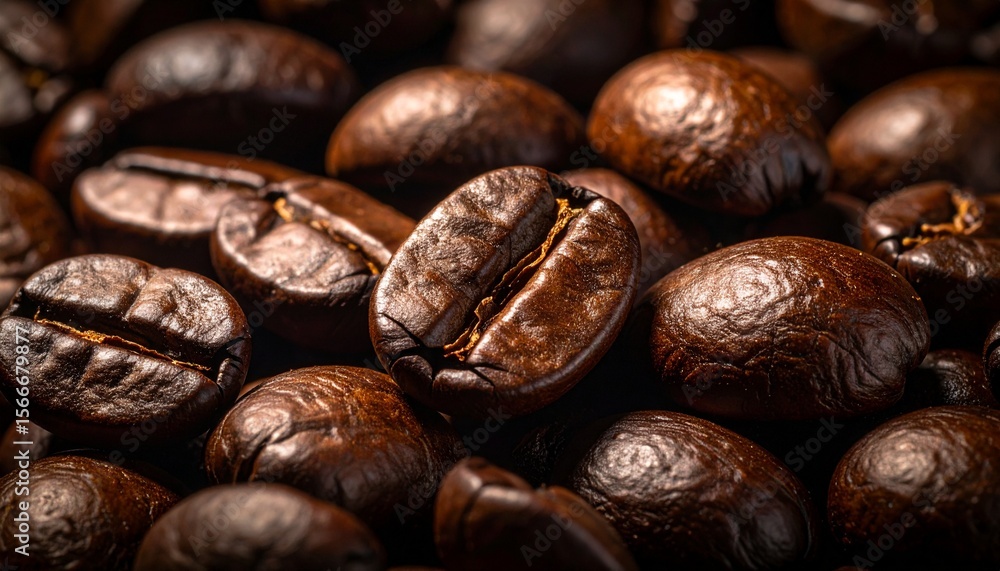 Primer plano de granos de café tostado oscuro y brillante que muestran una textura unica. Primer plano de granos de café tostado oscuro y brillante que muestran una textura unica.