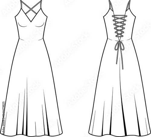 Strappy dress flat sketch, lace-up back dress, A-line midi dress, technical drawing, fashion design, sleeveless dress, front and back view