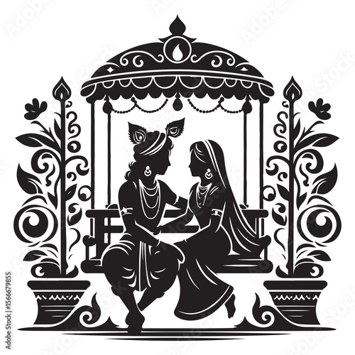 Radha Krishna Sitting on Swing Mandap Traditional Hindu Love God Silhouette Vector