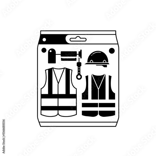 Construction safety gear set with vests and helmet on packaging  