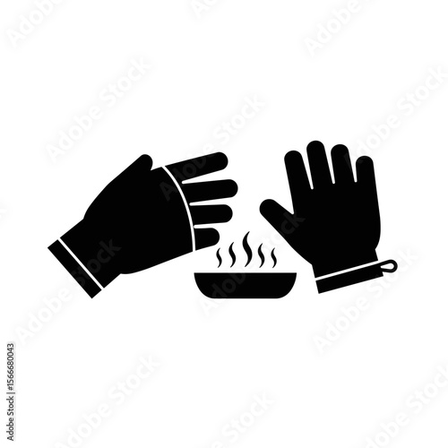 Cooking hands wearing gloves reaching for hot dish with steam  