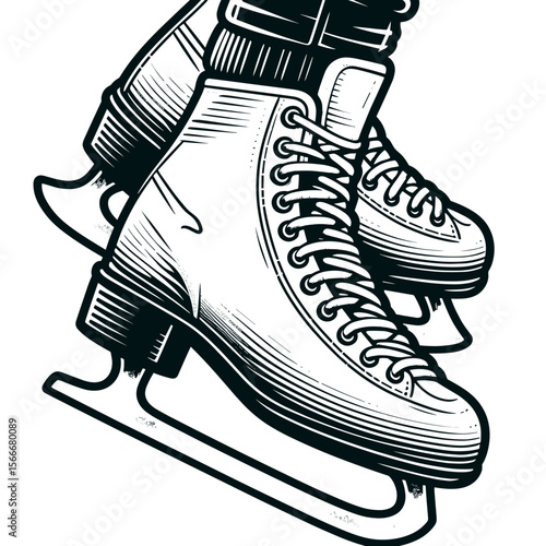 Vintage ice skates in detailed black and white illustration  
