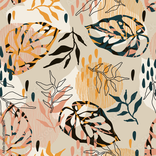 Abstract pattern with tropical leaves. Ideal for wallpaper, surface textures, textiles.