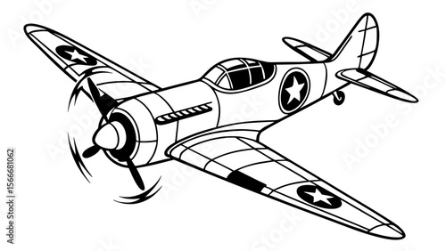 Black and white illustration of a small airplane with a propeller