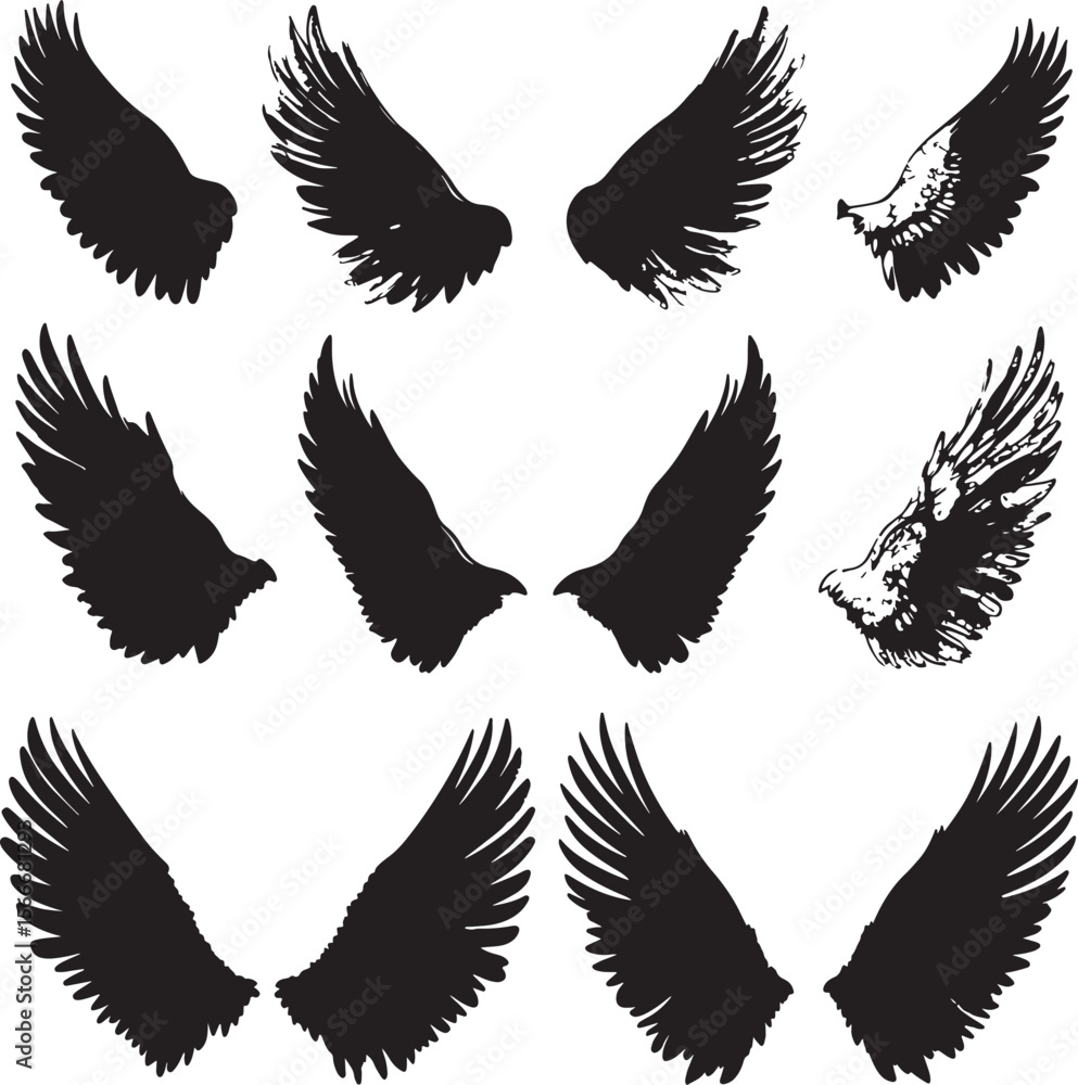 Obraz premium Simple black vector silhouettes of wings in a minimalist design.