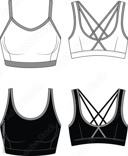 Crisscross back sports bra, fashion flat, activewear design, fitness bra template, strappy workout top, seamless style, fashion sketch, athletic crop top, racerback bra