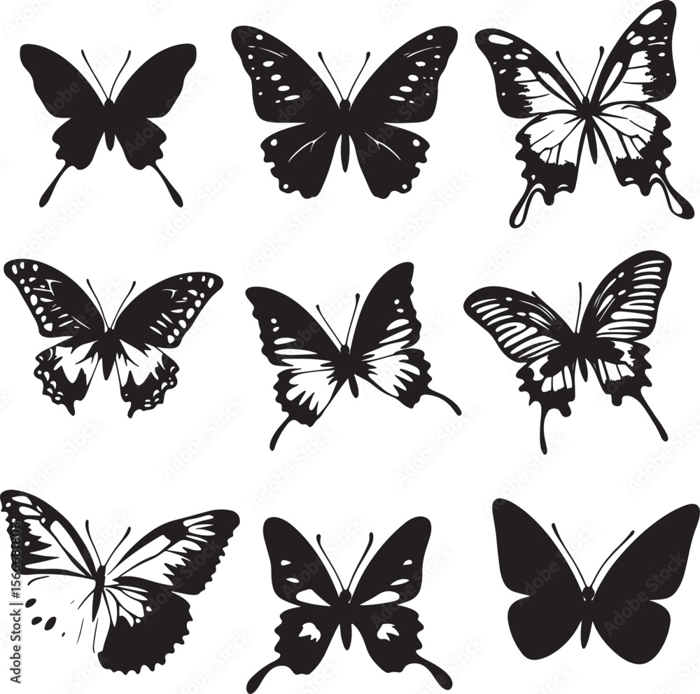 Simple and clean collection of butterfly silhouettes in black vector form. Simple and clean collection of butterfly silhouettes in black vector form.