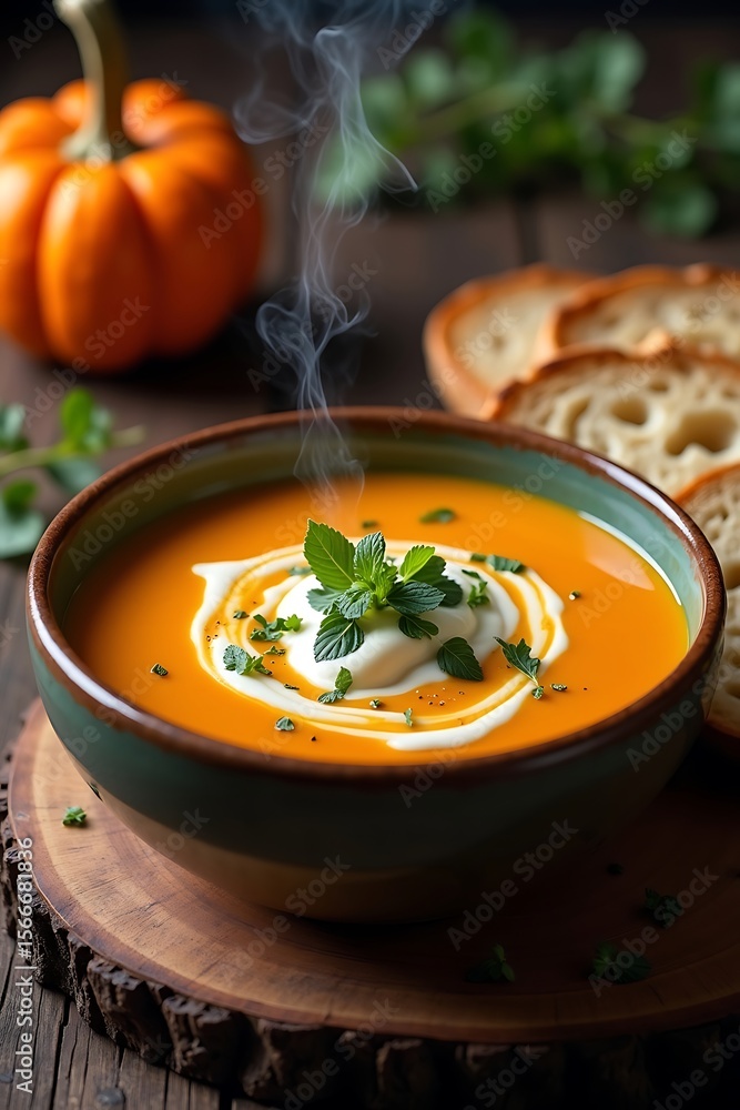 custom made wallpaper toronto digitalA captivating ultra realistic food photo highlights velvety pumpkin soup with a cream swirl and fresh herbs, steam rising, creating a cozy and inviting autumn scene.