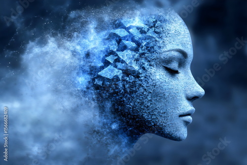 The artwork features a tranquil profile of a face gradually breaking apart into a blue, ethereal mist. This expression evokes themes of transformation and introspection in a mystical atmosphere